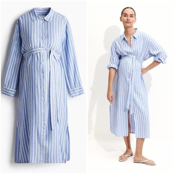 H&M Maternity Premium Selection Linen Blend Belted Dress New - Picture 1 of 6